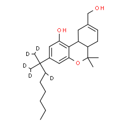 ChemSpider 2D Image | 9-(Hydroxymethyl)-6,6-dimethyl-3-[2-(~2~H_2_)methyl(1,1,3-~2~H_3_)-2-octanyl]-6a,7,10,10a-tetrahydro-6H-benzo[c]chromen-1-ol | C25H33D5O3