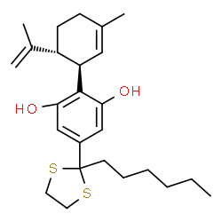 ChemSpider 2D Image | 5-(2-Hexyl-1,3-dithiolan-2-yl)-2-[(1R,6R)-6-isopropenyl-3-methyl-2-cyclohexen-1-yl]-1,3-benzenediol | C25H36O2S2