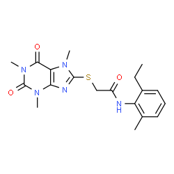 ChemSpider 2D Image | N-(2-Ethyl-6-methylphenyl)-2-[(1,3,7-trimethyl-2,6-dioxo-2,3,6,7-tetrahydro-1H-purin-8-yl)sulfanyl]acetamide | C19H23N5O3S