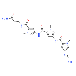 ChemSpider 2D Image | 4-[(E)-(Aminomethylene)amino]-N-[5-({5-[(3-amino-3-oxopropyl)carbamoyl]-1-methyl-1H-pyrrol-3-yl}carbamoyl)-1-methyl-1H-pyrrol-3-yl]-1-methyl-1H-pyrrole-2-carboxamide | C22H27N9O4