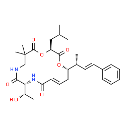 ChemSpider 2D Image | (3S,10R,13E,16S)-10-[(1S)-1-Hydroxyethyl]-3-isobutyl-6,6-dimethyl-16-[(2R,3E)-4-phenyl-3-buten-2-yl]-1,4-dioxa-8,11-diazacyclohexadec-13-ene-2,5,9,12-tetrone | C30H42N2O7