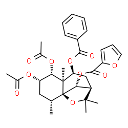 ChemSpider 2D Image | (1S,2R,4S,5R,6R,7S,9R,12R)-4,5-Diacetoxy-7-(benzoyloxy)-2,6,10,10-tetramethyl-11-oxatricyclo[7.2.1.0~1,6~]dodec-12-yl 2-furoate | C31H36O10