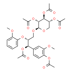ChemSpider 2D Image | 4-{(1R,2R)-1-Acetoxy-2-(2-methoxyphenoxy)-3-[(2,3,4-tri-O-acetyl-beta-D-xylopyranosyl)oxy]propyl}-2-methoxyphenyl acetate | C32H38O15