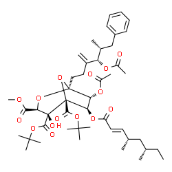 ChemSpider 2D Image | 3-Methyl 4,5-bis(2-methyl-2-propanyl) (1S,3S,4S,5R,6R,7R)-7-acetoxy-1-[(4S,5R)-4-acetoxy-5-methyl-3-methylene-6-phenylhexyl]-6-{[(2E,4S,6S)-4,6-dimethyl-2-octenoyl]oxy}-4-hydroxy-2,8-dioxabicyclo[3.2.
1]octane-3,4,5-tricarboxylate | C46H66O15
