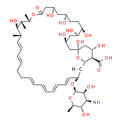 ChemSpider 2D Image | (1S,3S,5R,6R,9R,11R,15S,16R,17R,18S,33R,35S,36R,37S)-33-[(3-Amino-3,6-dideoxy-beta-D-mannopyranosyl)oxy]-1,3,5,6,9,11,17,37-octahydroxy-15,16,18-trimethyl-13-oxo-14,39-dioxabicyclo[33.3.1]nonatriacont
a-19,21,25,27,29,31-hexaene-36-carboxylic acid | C47H75NO17