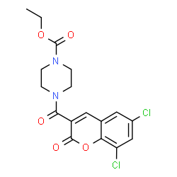 ChemSpider 2D Image | 1-piperazinecarboxylic acid, 4-[(6,8-dichloro-2-oxo-2H-1-benzopyran-3-yl)carbonyl]-, ethyl ester | C17H16Cl2N2O5