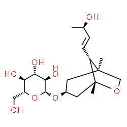 ChemSpider 2D Image | (1S,3S,5R,8R)-8-[(1E,3R)-3-Hydroxy-1-buten-1-yl]-1,5-dimethyl-6-oxabicyclo[3.2.1]oct-3-yl beta-D-glucopyranoside | C19H32O8