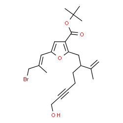 ChemSpider 2D Image | 2-Methyl-2-propanyl 5-[(1E)-3-bromo-2-methyl-1-propen-1-yl]-2-(7-hydroxy-2-isopropenyl-5-heptyn-1-yl)-3-furoate | C23H31BrO4