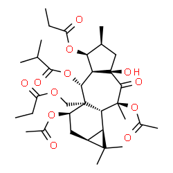ChemSpider 2D Image | (1aS,3R,3aR,4R,4aR,5S,6S,7aR,9S,9aR,9bS)-3,9-Diacetoxy-7a-hydroxy-1,1,6,9-tetramethyl-8-oxo-5-(propionyloxy)-3a-[(propionyloxy)methyl]tetradecahydro-1H-cyclopropa[3,4]benzo[1,2-f]azulen-4-yl 2-methylp
ropanoate | C34H50O12