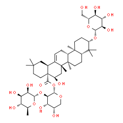 ChemSpider 2D Image | [(2S,3R,4S,5S)-4,5-dihydroxy-3-[(2S,3R,4R,5R,6S)-3,4,5-trihydroxy-6-methyl-tetrahydropyran-2-yl]oxy-tetrahydropyran-2-yl] (4aR,5R,6aR,6aS,6bR,8aR,10S,12aR,14bS)-5-hydroxy-2,2,6a,6b,9,9,12a-heptamethyl-10-[(2R,3R,4S,5S,6R)-3,4,5-trihydroxy-6-(hydroxymethyl)tetrahydropyran-2-yl]oxy-1,3,4,5,6,6a,7,8,8a,10,11,12,13,14b-tetradecahydropicene-4a-carboxylate | C47H76O17