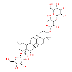 ChemSpider 2D Image | [(2S,3R,4S,5S,6R)-3,4,5-trihydroxy-6-(hydroxymethyl)tetrahydropyran-2-yl] (4aR,5R,6aR,6aS,6bR,10S,12aR)-10-[(2S,3R,4S,5S)-3,5-dihydroxy-4-[(2S,3R,4S,5S,6R)-3,4,5-trihydroxy-6-(hydroxymethyl)tetrahydropyran-2-yl]oxy-tetrahydropyran-2-yl]oxy-5-hydroxy-2,2,6a,6b,9,9,12a-heptamethyl-1,3,4,5,6,6a,7,8,8a,10,11,12,13,14b-tetradecahydropicene-4a-carboxylate | C47H76O18