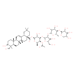 ChemSpider 2D Image | [(2S,3R,4R,5S,6R)-5-acetoxy-4-[(2R,3R,4S,5S)-3-[(2R,3R,4S,5R,6S)-3,4-dihydroxy-6-methyl-5-[(2S,3R,4S,5R)-3,4,5-trihydroxytetrahydropyran-2-yl]oxy-tetrahydropyran-2-yl]oxy-4-hydroxy-5-(hydroxymethyl)tetrahydrofuran-2-yl]oxy-3-hydroxy-6-methyl-tetrahydropyran-2-yl] (4aS,6aR,6aR,6bR,8aR,9S,10S,12aR,14bS)-9-formyl-10-hydroxy-2,2,6a,6b,9,12a-hexamethyl-1,3,4,5,6,6a,7,8,8a,10,11,12,13,14b-tetradecahydropicene-4a-carboxylate | C54H84O21
