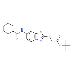 ChemSpider 2D Image | N-[2-({2-[(2-Methyl-2-propanyl)amino]-2-oxoethyl}sulfanyl)-1,3-benzothiazol-6-yl]cyclohexanecarboxamide | C20H27N3O2S2