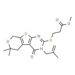ChemSpider 2D Image | Methyl 3-{[6,6-dimethyl-3-(2-methyl-2-propen-1-yl)-4-oxo-3,5,6,8-tetrahydro-4H-pyrano[4',3':4,5]thieno[2,3-d]pyrimidin-2-yl]sulfanyl}propanoate | C19H24N2O4S2