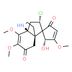 ChemSpider 2D Image | (1'S,5R,6'S,8'S)-8'-Chloro-5-hydroxy-2',3',4-trimethoxy-10'-azaspiro[cyclopentane-1,7'-tricyclo[4.3.3.0~1,6~]dodecane]-2',3-diene-2,4'-dione | C18H22ClNO6