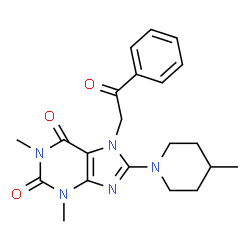 ChemSpider 2D Image | 1,3-Dimethyl-8-(4-methyl-1-piperidinyl)-7-(2-oxo-2-phenylethyl)-3,7-dihydro-1H-purine-2,6-dione | C21H25N5O3