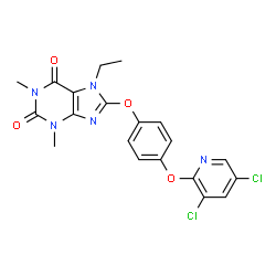 ChemSpider 2D Image | 8-{4-[(3,5-Dichloro-2-pyridinyl)oxy]phenoxy}-7-ethyl-1,3-dimethyl-3,7-dihydro-1H-purine-2,6-dione | C20H17Cl2N5O4