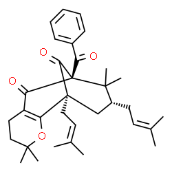 ChemSpider 2D Image | (1S,9S,11R)-9-Benzoyl-4,4,10,10-tetramethyl-1,11-bis(3-methyl-2-buten-1-yl)-3-oxatricyclo[7.3.1.0~2,7~]tridec-2(7)-ene-8,13-dione | C33H42O4