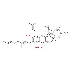 ChemSpider 2D Image | (2Z)-4-[(1S,2S,13S,15R)-7-[(2E)-3,7-Dimethyl-2,6-octadien-1-yl]-6,8-dihydroxy-17,17-dimethyl-5-(3-methyl-2-buten-1-yl)-10,14-dioxo-3,16-dioxapentacyclo[11.4.1.0~2,11~.0~2,15~.0~4,9~]octadeca-4,6,8,11-
tetraen-15-yl]-2-methyl-2-butenoic acid | C38H46O8