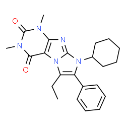 ChemSpider 2D Image | 8-Cyclohexyl-6-ethyl-1,3-dimethyl-7-phenyl-1H-imidazo[2,1-f]purine-2,4(3H,8H)-dione | C23H27N5O2
