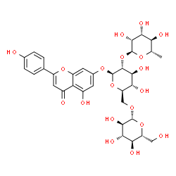 ChemSpider 2D Image | 5-Hydroxy-2-(4-hydroxyphenyl)-4-oxo-4H-chromen-7-yl 6-deoxy-alpha-L-mannopyranosyl-(1->2)-[beta-D-glucopyranosyl-(1->6)]-beta-D-glucopyranoside | C33H40O19