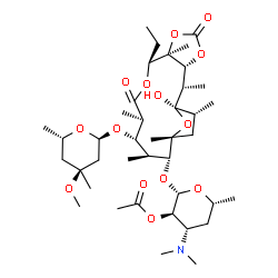 ChemSpider 2D Image | (2S,3R,4S,6R)-4-(Dimethylamino)-2-{[(1R,2S,3R,7R,8S,11R,12S,13S,14R,15R,17R)-8-ethyl-1-hydroxy-12-{[(2S,4S,6S)-4-methoxy-4,6-dimethyltetrahydro-2H-pyran-2-yl]oxy}-2,7,11,13,15,17-hexamethyl-5,10-dioxo
-4,6,9,18-tetraoxatricyclo[13.2.1.0~3,7~]octadec-14-yl]oxy}-6-methyltetrahydro-2H-pyran-3-yl acetate | C40H67NO14
