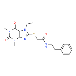 ChemSpider 2D Image | 2-[(7-Ethyl-1,3-dimethyl-2,6-dioxo-2,3,6,7-tetrahydro-1H-purin-8-yl)sulfanyl]-N-(2-phenylethyl)acetamide | C19H23N5O3S