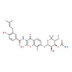 ChemSpider 2D Image | (3R,4S,5R,6R)-5-Hydroxy-6-[(2-hydroxy-3-{[4-hydroxy-3-(3-methyl-2-buten-1-yl)benzoyl]amino}-8-methyl-4-oxo-4H-chromen-7-yl)oxy]-3-methoxy-2,2-dimethyltetrahydro-2H-pyran-4-yl carbamate (non-preferred 
name) | C31H36N2O11