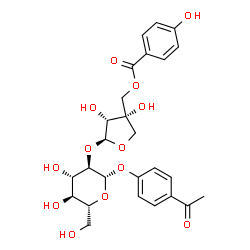 ChemSpider 2D Image | Ethanone, 1-[4-[[2-O-[5-O-(4-hydroxybenzoyl)-D-apio-Î²-D-furanosyl]-Î²-D-glucopyranosyl]oxy]phenyl]- | C26H30O13