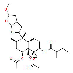 ChemSpider 2D Image | (1R,2S,4aR,5S,6R,8S,8aR)-8-Acetoxy-8a-(acetoxymethyl)-5-[(2S,5S)-5-methoxyhexahydrofuro[2,3-b]furan-2-yl]-5,6-dimethyloctahydro-2H-spiro[naphthalene-1,2'-oxiran]-2-yl 2-methylbutanoate | C30H46O10