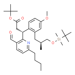 ChemSpider 2D Image | 2-Methyl-2-propanyl (3R)-3-(6-butyl-3-formyl-2-pyridinyl)-3-{2-[(2S)-3-{[dimethyl(2-methyl-2-propanyl)silyl]oxy}-2-methylpropyl]-4-methoxyphenyl}propanoate | C34H53NO5Si