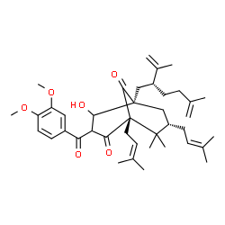 ChemSpider 2D Image | (1R,5S,7S)-3-(3,4-Dimethoxybenzoyl)-4-hydroxy-5-[(2R)-2-isopropenyl-5-methyl-5-hexen-1-yl]-8,8-dimethyl-1,7-bis(3-methyl-2-buten-1-yl)bicyclo[3.3.1]nonane-2,9-dione | C40H56O6