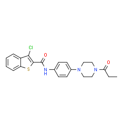 ChemSpider 2D Image | 3-Chloro-N-[4-(4-propionyl-1-piperazinyl)phenyl]-1-benzothiophene-2-carboxamide | C22H22ClN3O2S