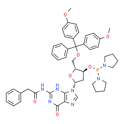 ChemSpider 2D Image | 5'-O-[Bis(4-methoxyphenyl)(phenyl)methyl]-2'-deoxy-3'-O-(di-1-pyrrolidinylphosphino)-N-(phenylacetyl)guanosine | C47H52N7O7P