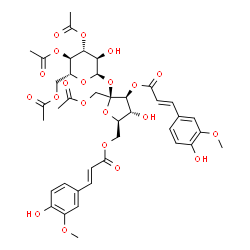 ChemSpider 2D Image | 1-O-Acetyl-3,6-bis-O-[(2E)-3-(4-hydroxy-3-methoxyphenyl)-2-propenoyl]-beta-D-fructofuranosyl 3,4,6-tri-O-acetyl-alpha-D-glucopyranoside | C40H46O21