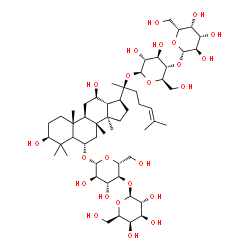 ChemSpider 2D Image | (2S,3R,4S,5R,6R)-2-[(2R,3S,4R,5R,6R)-6-[[(3S,6S,8R,9R,10R,12R,13R,14R,17S)-17-[(1S)-1-[(2S,3R,4R,5S,6R)-3,4-dihydroxy-6-(hydroxymethyl)-5-[(2S,3R,4S,5R,6R)-3,4,5-trihydroxy-6-(hydroxymethyl)tetrahydropyran-2-yl]oxy-tetrahydropyran-2-yl]oxy-1,5-dimethyl-hex-4-enyl]-3,12-dihydroxy-4,4,8,10,14-pentamethyl-2,3,5,6,7,9,11,12,13,15,16,17-dodecahydro-1H-cyclopenta[a]phenanthren-6-yl]oxy]-4,5-dihydroxy-2-(hydroxymethyl)tetrahydropyran-3-yl]oxy-6-(hydroxymethyl)tetrahydropyran-3,4,5-triol | C54H92O24
