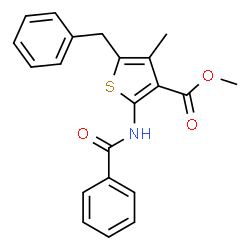 ChemSpider 2D Image | Methyl 2-(benzoylamino)-5-benzyl-4-methyl-3-thiophenecarboxylate | C21H19NO3S