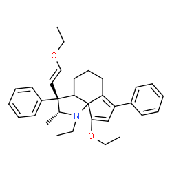 ChemSpider 2D Image | (2R,3R)-9-Ethoxy-3-[(E)-2-ethoxyvinyl]-1-ethyl-2-methyl-3,7-diphenyl-2,3,3a,4,5,6-hexahydro-1H-cyclopenta[h]indole | C32H39NO2