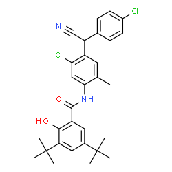 ChemSpider 2D Image | 3,5-di-tert-butyl-N-{5-chloro-4-[(4-chlorophenyl)(cyano)methyl]-2-methylphenyl}-2-hydroxybenzamide | C30H32Cl2N2O2