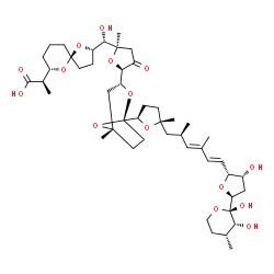 ChemSpider 2D Image | 1-C-{(2S,4R,5R)-5-[(1E,3E,5R)-6-{(2R,5R)-5-[(1S,3R,5S)-3-{(2R,5R)-5-[(S)-{(2S,5S,7S)-7-[(1R)-1-Carboxyethyl]-1,6-dioxaspiro[4.5]dec-2-yl}(hydroxy)methyl]-5-methyl-3-oxotetrahydro-2-furanyl}-5-methyl-2
,8-dioxabicyclo[3.2.1]oct-1-yl]-2-methyltetrahydro-2-furanyl}-3,5-dimethyl-1,3-hexadien-1-yl]-4-hydroxytetrahydro-2-furanyl}-3,4-dideoxy-3-methyl-beta-D-erythro-pentopyranose | C47H72O15