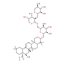 ChemSpider 2D Image | Methyl (3beta,16alpha,18alpha)-16-hydroxy-3-{[beta-D-xylopyranosyl-(1->2)-alpha-L-arabinopyranosyl-(1->6)-beta-D-glucopyranosyl]oxy}olean-12-en-28-oate | C47H76O17