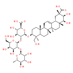 ChemSpider 2D Image | (3beta,5xi,21beta,22beta)-21,22,24,29-Tetrahydroxy-29-oxoolean-12-en-3-yl 6-deoxy-alpha-L-mannopyranosyl-(1->2)-beta-D-galactopyranosyl-(1->2)-beta-D-glucopyranosiduronic acid | C48H76O21