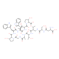 ChemSpider 2D Image | beta-Aspartyl-N-{[1,19-dihydroxy-12-(1-hydroxyethyl)-24-(1-hydroxy-2-methylpropyl)-27-[1-(1H-indol-3-yl)ethyl]-30-(1H-indol-3-ylmethylene)-9,16-dimethyl-5,8,11,14,18,23,26,29,32-nonaoxotriacontahydro-
18H-dipyrrolo[2,1-c:2',1'-o][1,4,7,10,13,16,19,22,25]oxaoctaazacyclooctacosin-15-yl]methyl}serinamide | C60H79N13O19