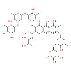 ChemSpider 2D Image | 5-Deoxy-1-C-(7-{[2,6-dideoxy-3-O-(2,6-dideoxyhexopyranosyl)hexopyranosyl]oxy}-3-{[2,6-dideoxy-4-O-methylhexopyranosyl-(1->3)-2,6-dideoxyhexopyranosyl-(1->3)-2,6-dideoxyhexopyranosyl]oxy}-5,10-dihydrox
y-6-methyl-4-oxo-1,2,3,4-tetrahydro-2-anthracenyl)-1-O-methylpent-2-ulose | C52H76O24