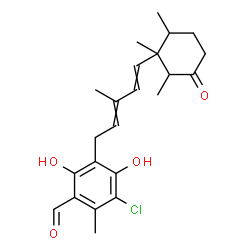 ChemSpider 2D Image | 3-Chloro-4,6-dihydroxy-2-methyl-5-[3-methyl-5-(1,2,6-trimethyl-3-oxocyclohexyl)-2,4-pentadien-1-yl]benzaldehyde | C23H29ClO4