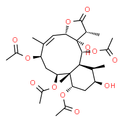 ChemSpider 2D Image | (1R,3aS,4Z,6R,8S,8aR,9S,11S,12R,12aS,13R,13aS)-11,13a-Dihydroxy-1,5,8a,12-tetramethyl-2-oxo-1,2,3a,6,7,8,8a,9,10,11,12,12a,13,13a-tetradecahydrobenzo[4,5]cyclodeca[1,2-b]furan-6,8,9,13-tetrayl tetraac
etate | C28H40O12