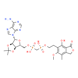 ChemSpider 2D Image | 5'-O-[Hydroxy({hydroxy[2-(4-hydroxy-6-methoxy-7-methyl-3-oxo-1,3-dihydro-2-benzofuran-5-yl)ethoxy]phosphoryl}methyl)phosphoryl]-2',3'-O-isopropylideneadenosine | C26H33N5O13P2