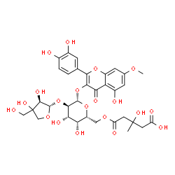 ChemSpider 2D Image | 2-(3,4-Dihydroxyphenyl)-5-hydroxy-7-methoxy-4-oxo-4H-chromen-3-yl 6-O-(4-carboxy-3-hydroxy-3-methylbutanoyl)-2-O-[(2S,3R)-3,4-dihydroxy-4-(hydroxymethyl)tetrahydro-2-furanyl]-beta-D-galactopyranoside | C33H38O20