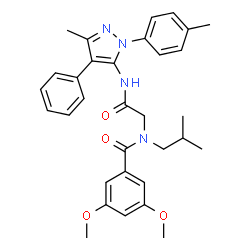 ChemSpider 2D Image | N-Isobutyl-3,5-dimethoxy-N-(2-{[3-methyl-1-(4-methylphenyl)-4-phenyl-1H-pyrazol-5-yl]amino}-2-oxoethyl)benzamide | C32H36N4O4