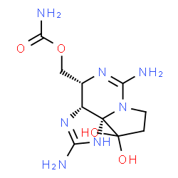 ChemSpider 2D Image | [(3aR,4R,10aR)-2,6-Diamino-10,10-dihydroxy-3a,4,9,10-tetrahydro-1H,8H-pyrrolo[1,2-c]purin-4-yl]methyl carbamate | C10H17N7O4